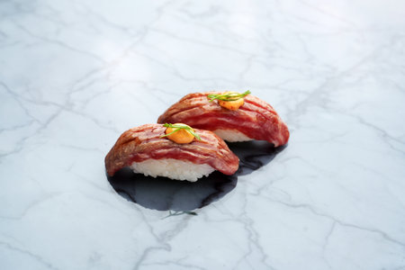 Japanese wagyu sushi in a marble table background with copy space. Japanese restaurant food, seafood menuの写真素材