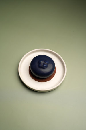 Black currant dessert with chocolate on a white plate, close-up
