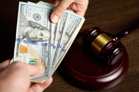 Bribery and Anti-Corruption concept. Close-up of hands giving money to Lawyer with judge gavel on backgroundの写真素材