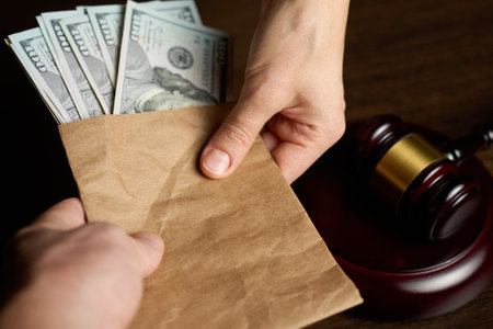 Bribery and Anti-Corruption concept. Close-up of hands giving money to Lawyer with judge gavel on backgroundの写真素材