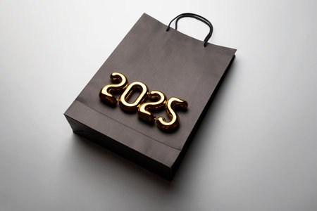 Happy New Year 2025 shopping. Shopping bag with 2025 numbers. Advertising, promotion, sale
