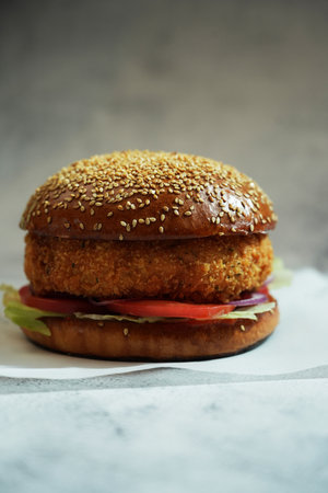 A classic burger on a dark background with copy space. The burger with sesame seed bun, a crispy, golden-brown chicken patty, fresh lettuce and tomatoesの写真素材