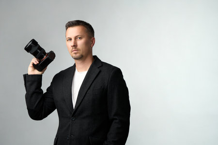 Professional Photographer Portrait. A man in a blazer holds a camera in his hand against a light...