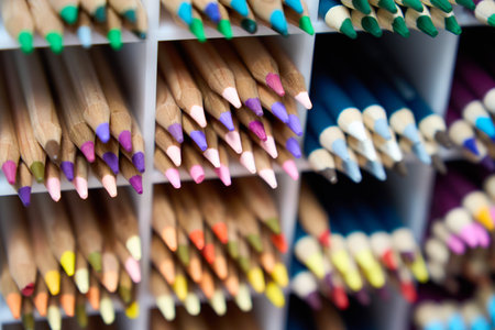 Close-Up of Sharp Colored Pencil Tips. Multiple rows of colored drawing pencils, showcasing a spectrum of colors and their sharp pointsの写真素材