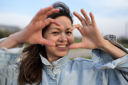 Smiling Woman Making a Heart with Her Hands Around Her Eye. A close-up shows a woman with long brown...