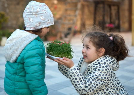 Children Celebrating Nowruz with Semeni. Two young sisters are interacting with sprouted wheatgrass,...