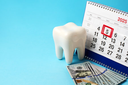Calendar with white model of a human tooth dollar bills. Represents the cost with a dental appointment scheduled, Dental Insurance or money saving for expensive dental treatmentの写真素材