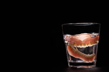 Dentures falling into glass of water with splash, black background with copy space. Cleanliness, dental hygiene, and night care routines for removable false teeth. Concept oral care, elderly hygieneの写真素材