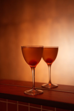 Classic cocktail glass with cherry in a nightclub bar counter, close-upの写真素材