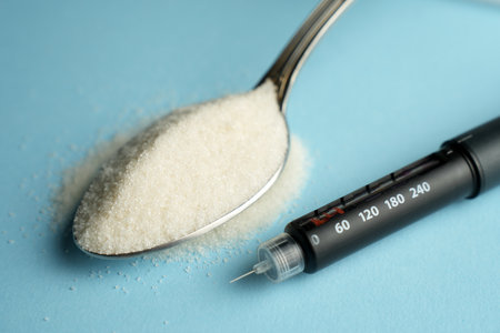 A close-up shot of a silver spoon overflowing with white granulated sugar, placed next to a modern insulin pen with a visible needle. The items are on a light blue surfaceの写真素材