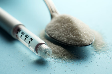 Close-up of an insulin injection pen next to a spoon of granulated white sugar. The objects are on a light blue surface. Diabetes conceptの写真素材