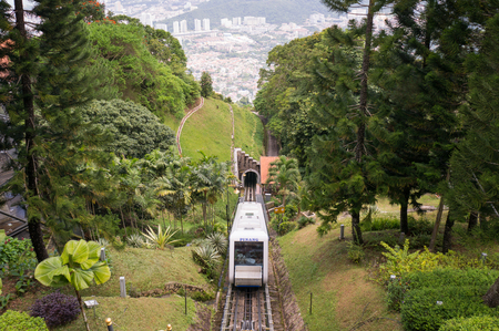 A funicular train on it's way up to Penang Hill, Malaysiaの写真素材