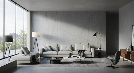 Interior of modern living room with white walls, concrete floor, panoramic window, gray sofa and...