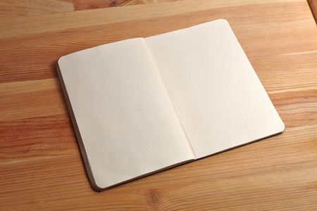 Blank open book with a pen isolated on wood background. Front view. Paper texture. Mock up.の写真素材