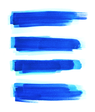 Blue abstract painted ink strokes set on watercolor paper. Ink strokes. Flat kind brush stroke. Watercolor.の写真素材