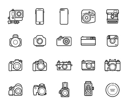 Set of Line Camera Icons on White Background. Smartphones, Action, Digital and Film Photo cameras Legendary Brandsのイラスト素材