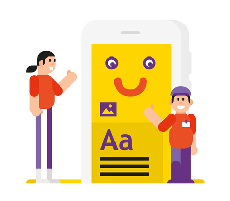 Icon in the style of the cartoon. Isolated object on white background. Vector illustration. Flat vector illustration. Characters design.
  Developers and their product in the phone. The application for the phone.  のイラスト素材
