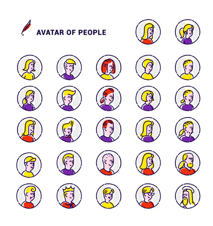 Set of vector avatars of icons of men and women. Round contour avatars on a white background. Ready-made set for web site and presentations. Can be used for printing. An arbitrary topic.のイラスト素材