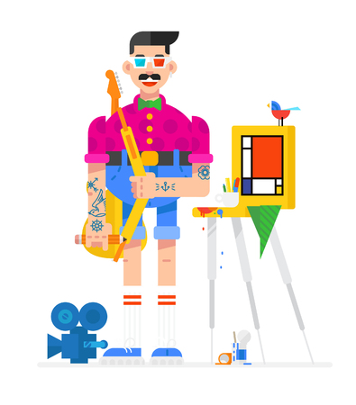 Artist designer in cartoon style. Artist in the workplace.
Character in a flat style. Image is isolated on white background.
Vector illustration for print and banners.のイラスト素材