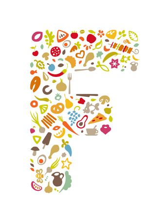 Letters from vegetables and fruits. Ecological natural food. Vector image of Eco food. Silhouette letters F. Object isolated on white background.のイラスト素材