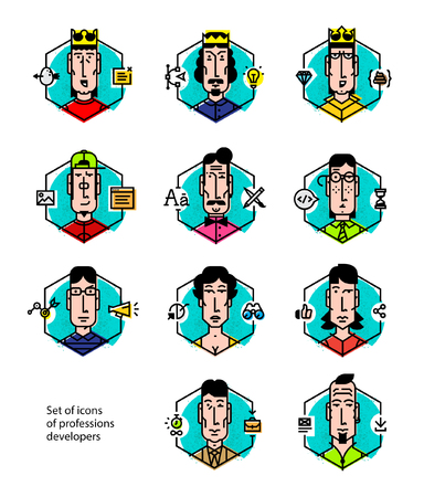 Set of vector icons of people's professions. Icons isolated on white background. Contour portraits of office workers icons. Vector icons in a flat style. Characters in the cartoon style.のイラスト素材