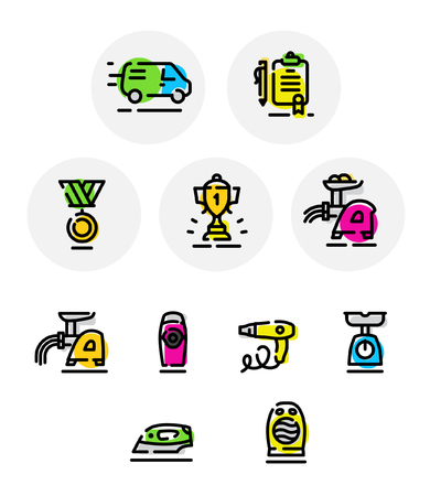 Set of vector icons on different topics. Icons isolated on white background. Cup. Household electrical appliances. Certificate. Delivery. Round, colored, outline icons. Accidentally matched.のイラスト素材