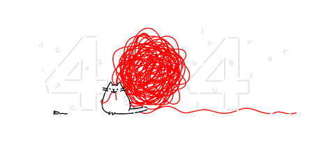 Cartoon funny cat on page 404. Vector flat illustration. The character is isolated on a white background. Cat with a ball of threads and a mouse. Funny kitty for the site and postcards. Mascot.のイラスト素材