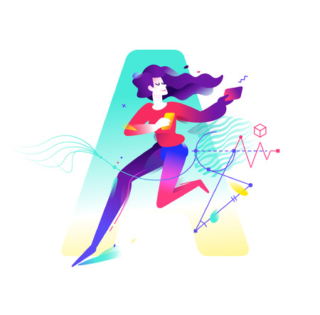 Illustration of a girl with mobile devices on a background of letters A. Vector illustration isolated on white background.のイラスト素材