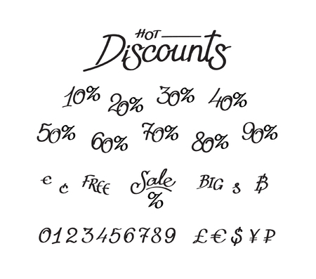 A set of discounts, digits, currency signs. Vector lettering, calligraphy. An inscription for shops and price tags. Currency signs.のイラスト素材