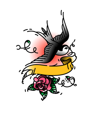 Tattoo of a bird Swallows without an inscription on a ribbon, and with a rose bud from below.のイラスト素材