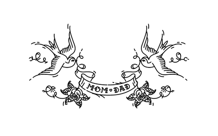 Tattoo swallows with the inscription of mom dad on tape. Vector illustration. Tattoo, American old school. Two birds Swallows, roses and congratulations for parents. Contour version of the tattoo.のイラスト素材