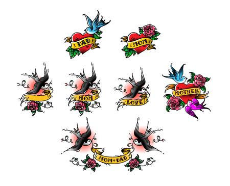 Tattoo swallows with the inscription of mom dad on tape. Vector illustration. Tattoo, American old school. Two birds Swallows, roses and congratulations for parents. The inscription on the ribbon, the names of the beloved.のイラスト素材