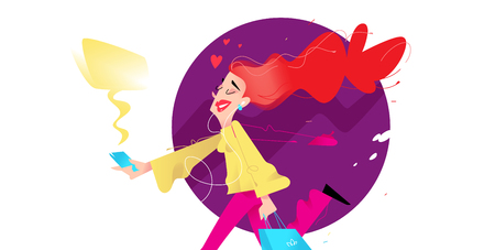 Illustration of a cute girl with shopping. Vector illustration. Cute red-haired girl is running with phone and packages. Image is isolated on white background. Flat illustration for print and website.のイラスト素材