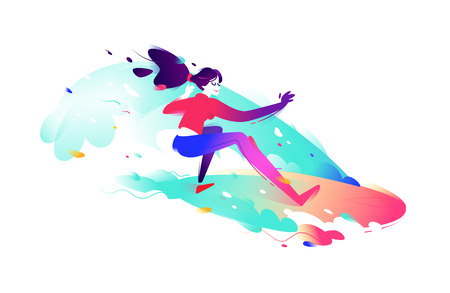 Illustration of a surfer girl. Vector illustration. Bright and harismatic girl character. Image is isolated on white background. Character girl. Flat illustration for banner and site.のイラスト素材