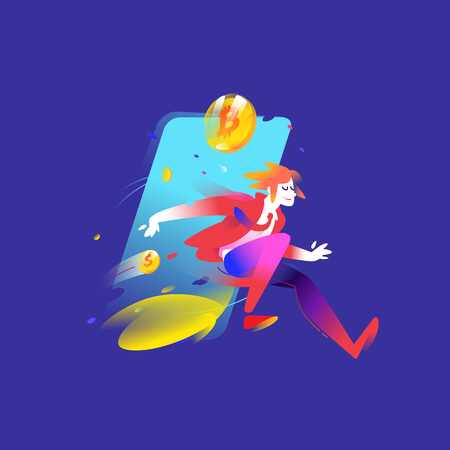 Illustration of a running man with coins bitcoin. Vector illustration. A bright and harezmatic character. Image is isolated on white background. Flat illustration for banner, presentation and site.のイラスト素材