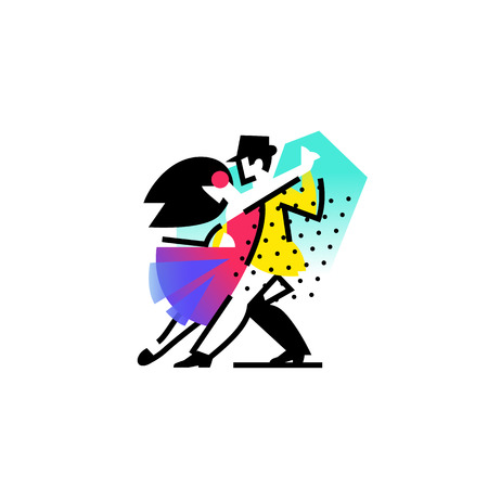 Illustration of a dancing man and woman. Icon ballroom, sports dances. Tango, waltz, Latin American dances. Vector flat illustration. Logo for the dance studio. Abstract image.のイラスト素材