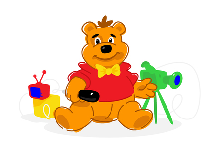 Illustration of a bear cub. Vector flat icon. Illustration of a journalist bear with a camera and a microphone. Image is isolated on white background. Illustration for a children's club. Mascot.のイラスト素材