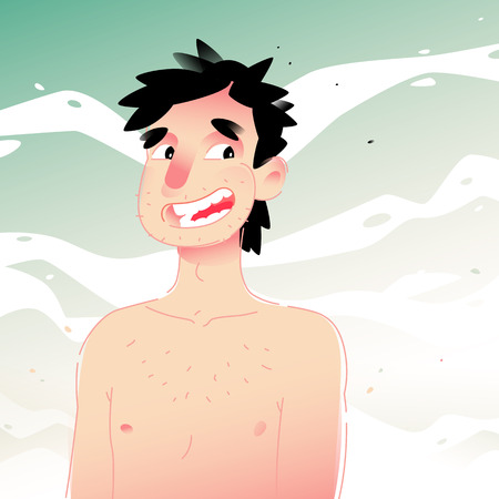 Illustration of a cute and cheerful man with a bare torso against the sky. Vector illustration. Young man on the beach. Background for design mockups. Flat illustration for banner and site. Mascot.のイラスト素材