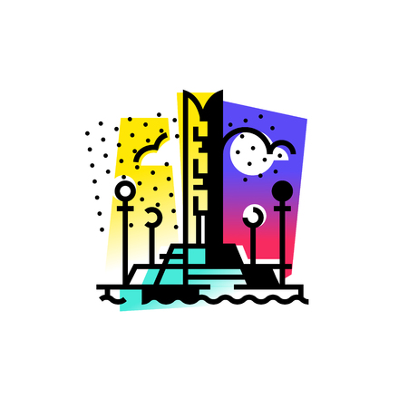 Illustration of a city. Embankment of the city of Izhevsk. Monument of friendship of peoples. An abstract icon. Vector illustration. Illustration for the site, booklet, poster. The symbol of the city. Udmurtia. Landscape.のイラスト素材