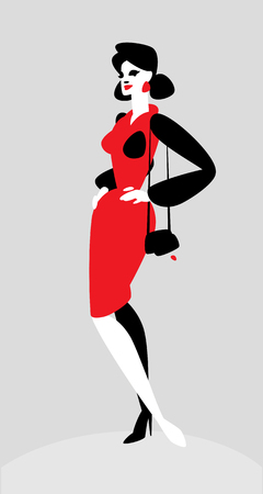 Illustration of the character of a fashionable lady. Vector illustration. The image of a girl in a suit with a purse. The image is isolated on a gray background. Illustration for the store. Mascot company. Style icon.のイラスト素材