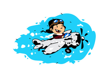 Illustration of a cartoon boy flying in a plane among the clouds. Vector illustration. Image is isolated on white background. Illustration for print and websites. The pilot is the hero of our time.のイラスト素材