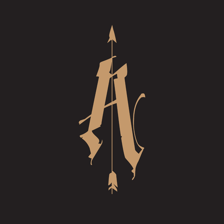 Logo, letters A with an arrow, in a Gothic style. Vector logo. Image is isolated on a black background. Monogram A for the tattoo. Medieval letter. Emblem for the store, brand. The letter a. Sign.のイラスト素材