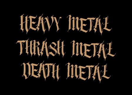 Gothic, inscriptions in English. Vector. Font for tattoo. Thrash, heavy, death metal. Phrases isolated on a black background. Calligraphy and lettering. Gold letters. Logo for T-shirt.のイラスト素材