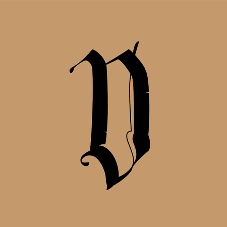Letter D, in the Gothic style. Vector. Alphabet. The symbol is isolated on a golden background. Calligraphy and lettering. Medieval Latin letter. Logo for the company. Monogram. Elegant font for tattoo.のイラスト素材