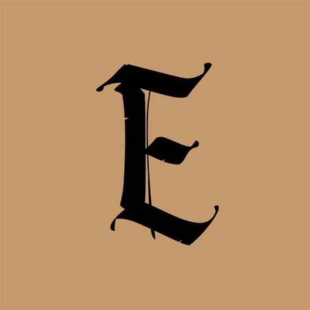 Letter E, in the Gothic style. Vector. Alphabet. The symbol is isolated on a golden background. Calligraphy and lettering. Medieval Latin letter. Logo for the company. Monogram. Elegant font for tattoo.のイラスト素材