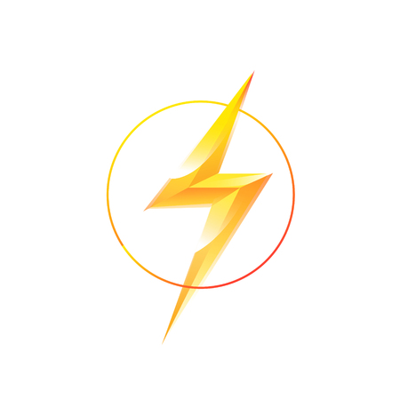 Logo of lightning in a circle. Vector. Lightning hits the center. Image is isolated on white background. Glyph of lightning flash. Emblem for an electric company, brand, sign. Gold shiny token.のイラスト素材