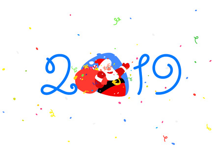 Christmas illustration. Vector. Santa Claus and inscription 2019. Cartoon Saint Nicholas with a bag of gifts. Happy new year and christmas. Mascot. Illustration for banner and packing. Confetti.のイラスト素材
