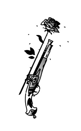 Tattoo of an antique pistol and a rose. Vector. Vintage tattoo in the style of the American old school. Image is isolated on white background. Contour drawing. Illustration for a picture and T-shirt.のイラスト素材