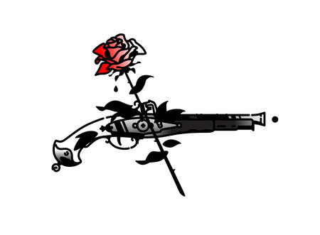 Tattoo of an old pistol and roses. Vector. Vintage tattoo in the style of the American old school. Image is isolated on white background. Contour color pattern. Illustration for packing and caps.のイラスト素材