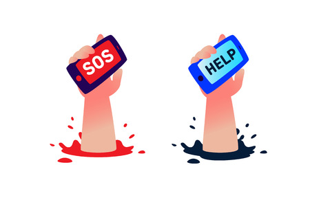 A human hand with a phone asks for help. Vector. Flat illustration. A cry for help, a SOS signal, through communication. Image is isolated on a white background. Logo for social movement. Metaphor.のイラスト素材